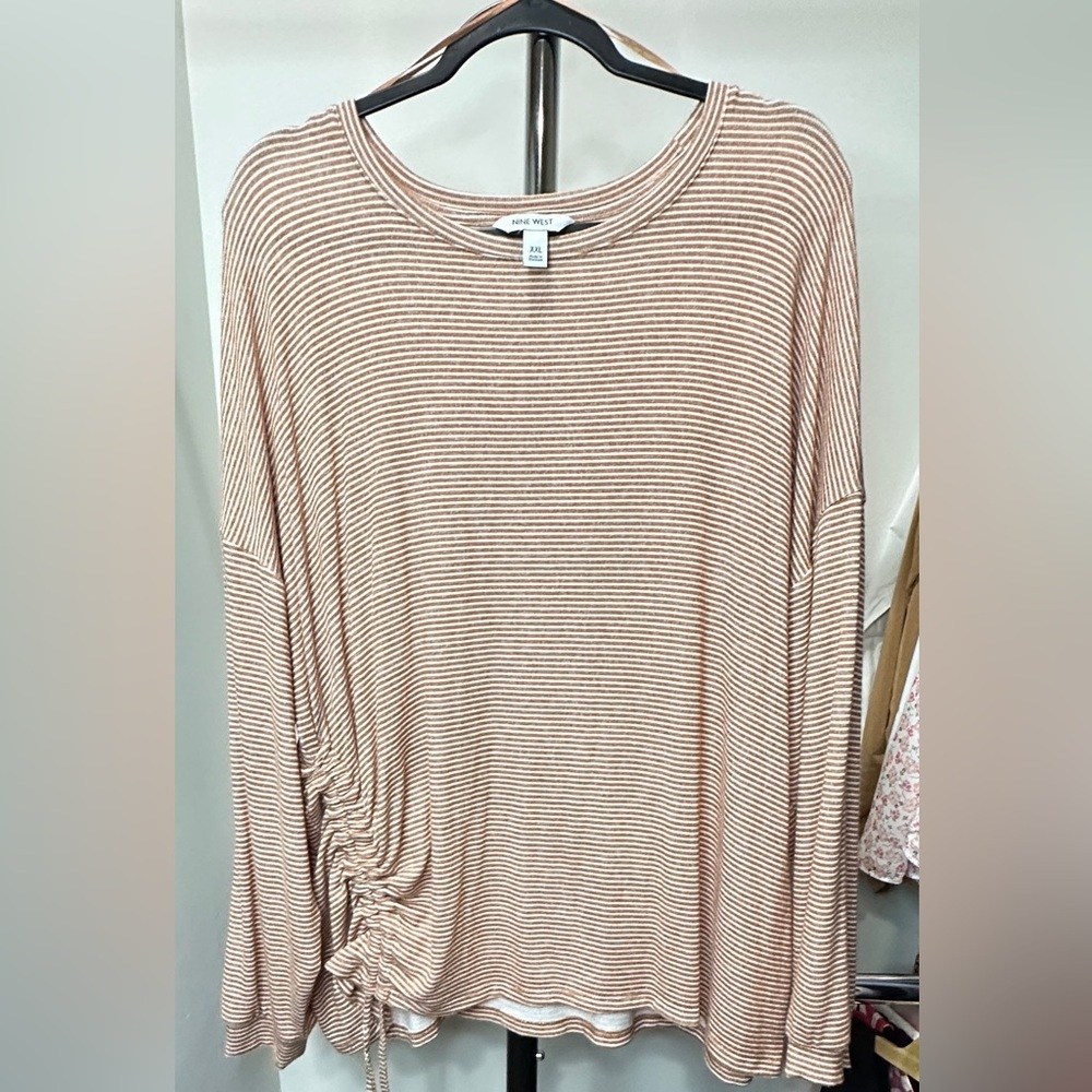 Nine West Striped Long Sleeve Knit Shirt, Tan, Size XXL